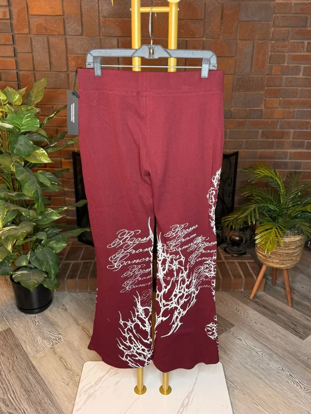 Civil Regime Roses From Concrete Graphic Flare Pants Burgundy Large NWT